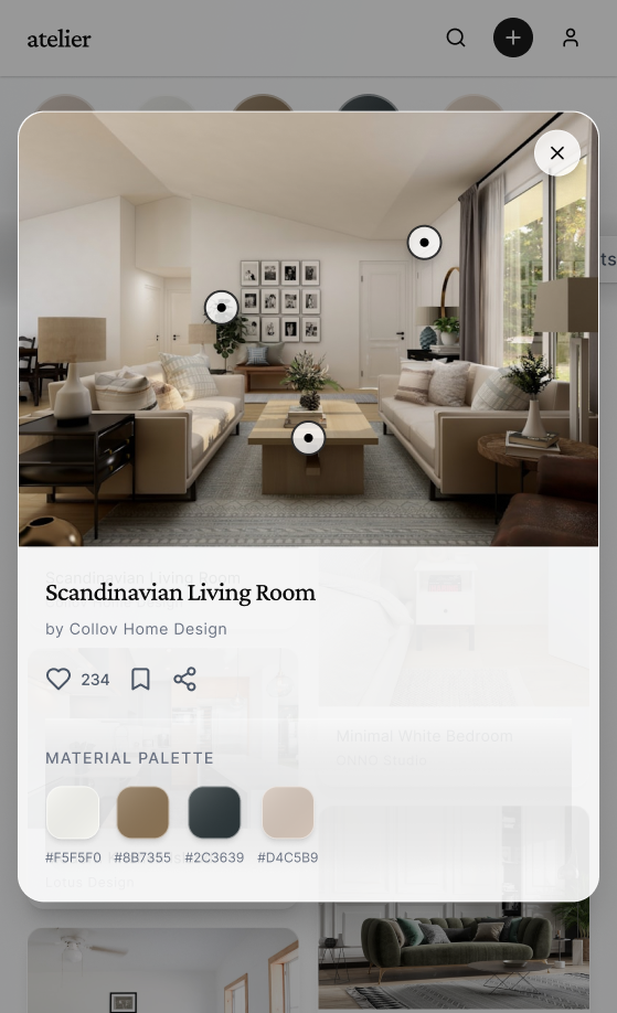 Atelier — Post detail modal with material palette