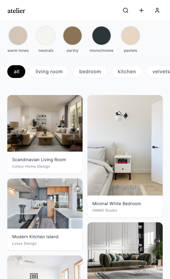 Atelier — Feed screen with palette filters and masonry grid