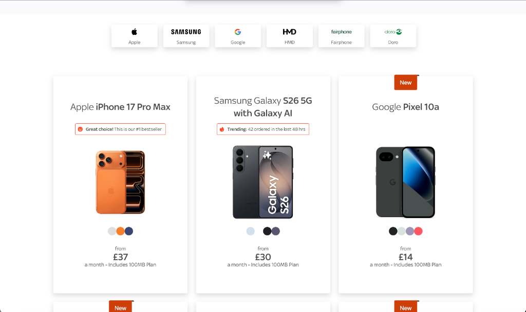 Sky Mobile phone listing with brand filters