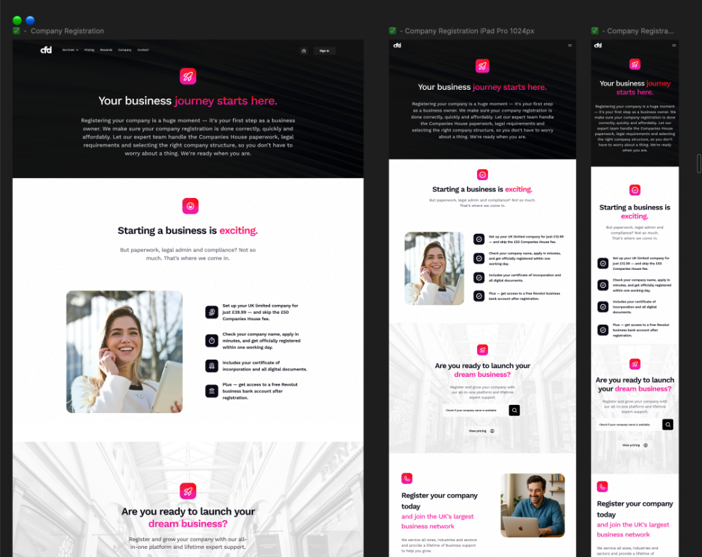 CFD company registration pages — Desktop, iPad and Mobile