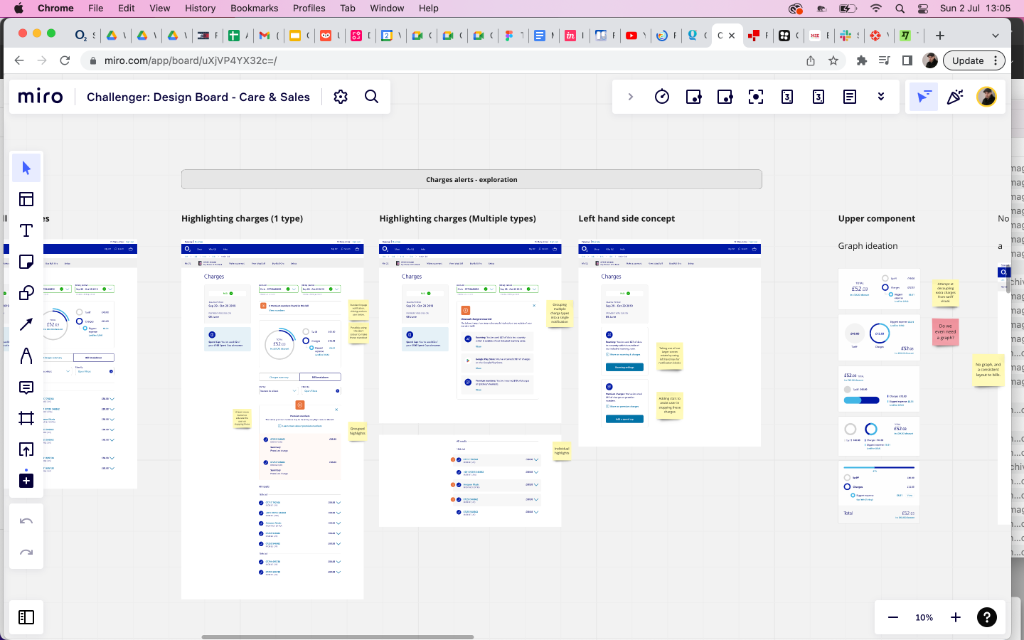 Charge alerts exploration — highlighting single and multiple charge types, left-hand side concept, upper component graph ideation