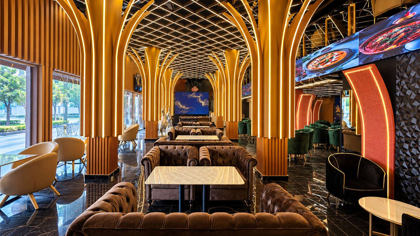 Golden arched lounge interior at Baazigar Cafe Dubai