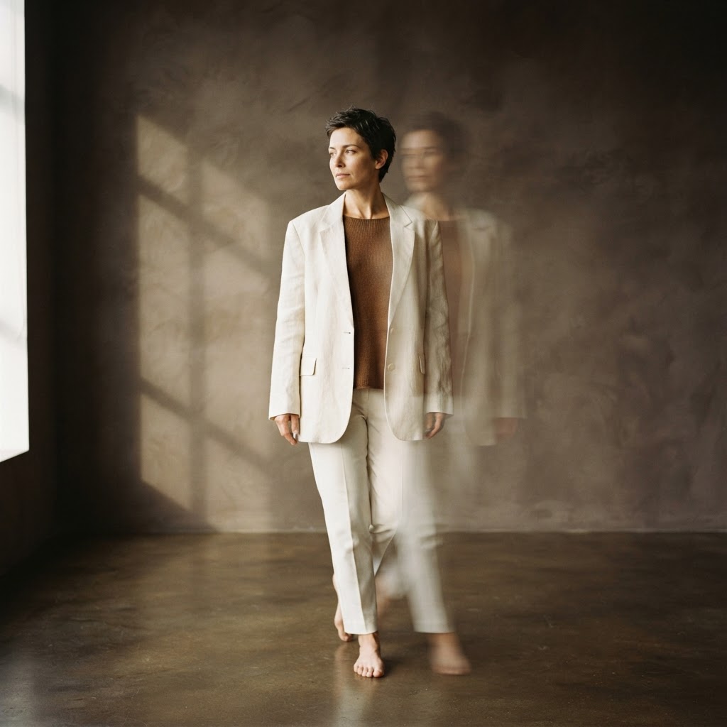 Editorial-Aufnahme einer Person mit leicht versetzter zweiter Silhouette und weicher Bewegungsspur, ruhig und kraftvoll, in warmen Creme-, Braun- und Goldnuancen.