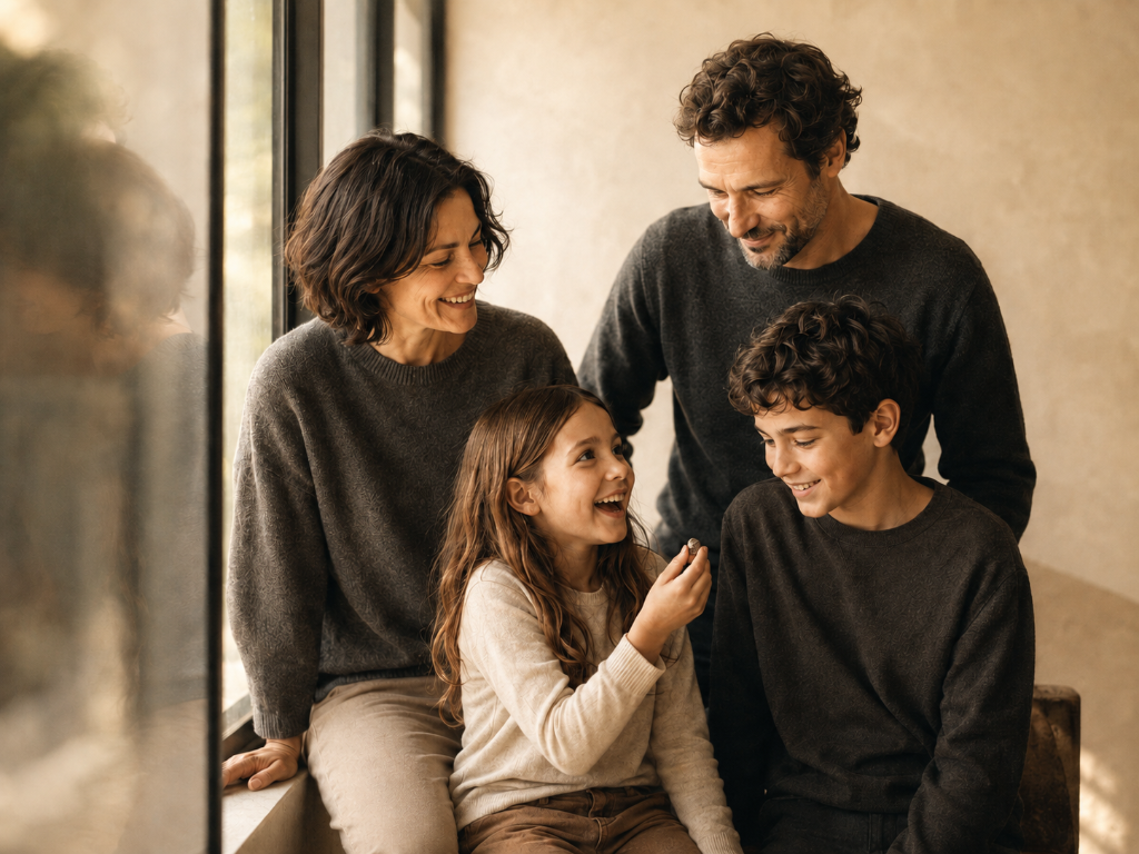 Familie mit Mutter, Vater, Tochter und Sohn am Fenster in warmem Licht, alle lachen und schauen einander liebevoll an.