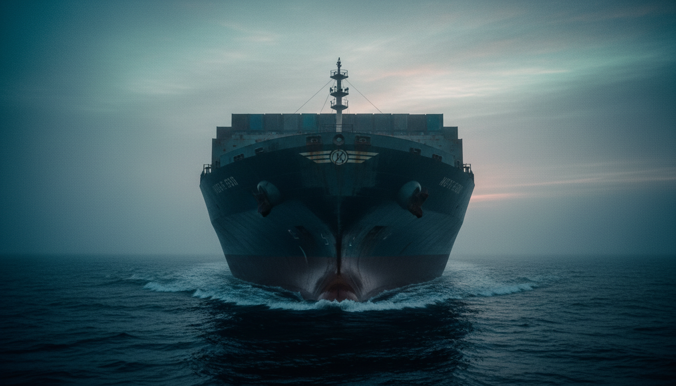 Large vessel cutting through ocean waters at dawn