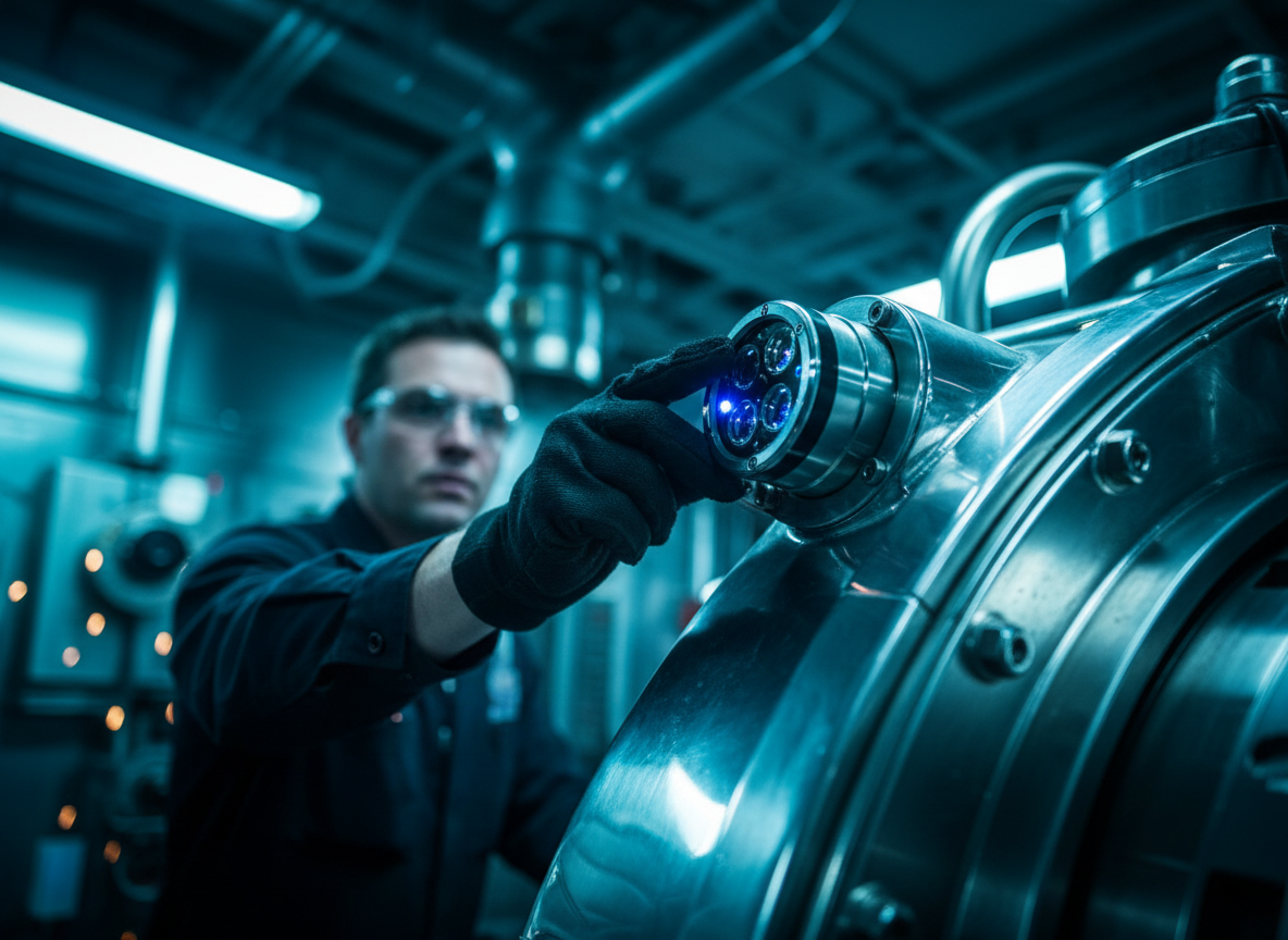 Maritime engineer adjusting engine sensors