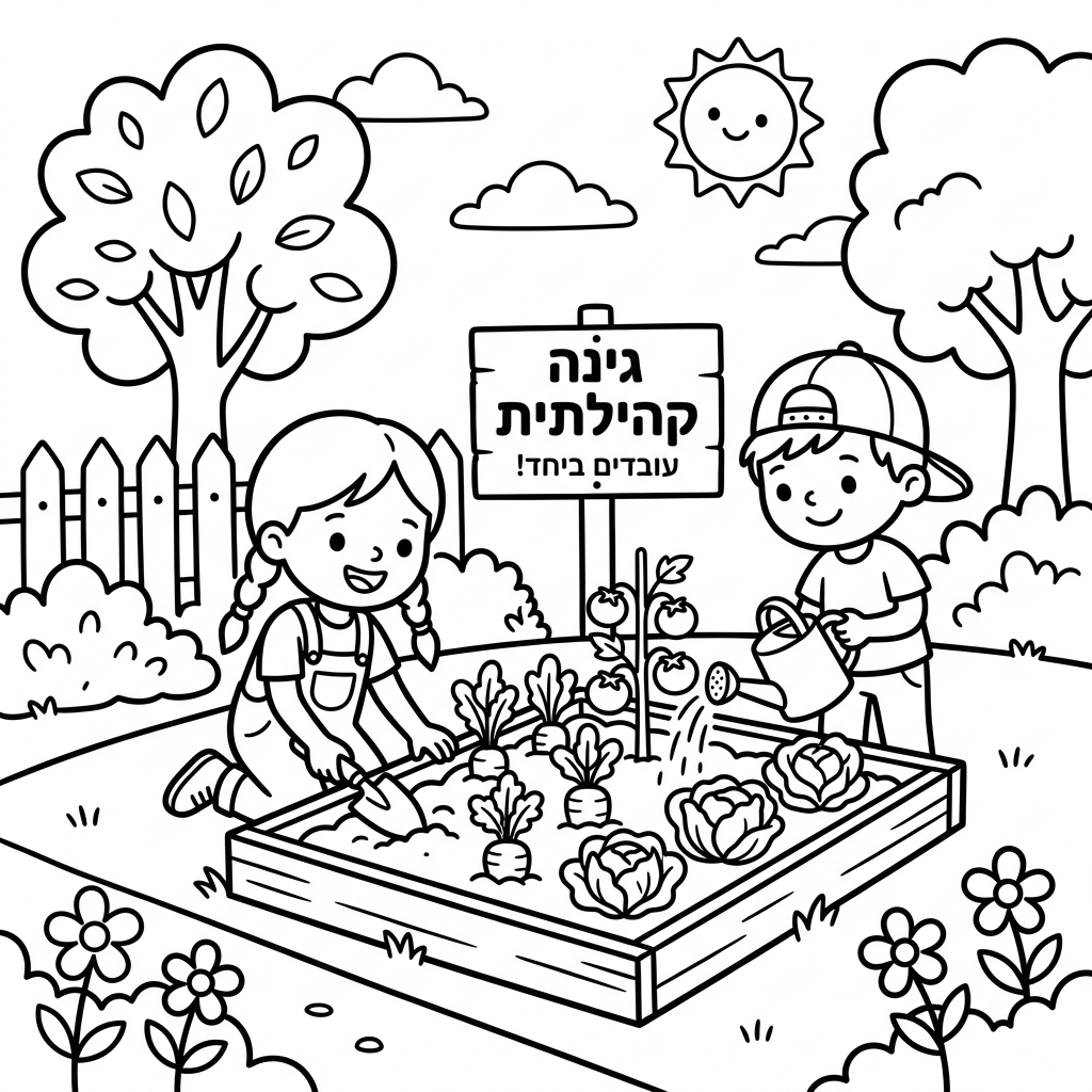 דף צביעה לילדים: גינה קהילתית עם ילדים - צביעה – פזית הפחית