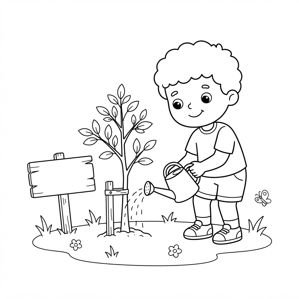 דף צביעה: ילד משקה עץ קטן – פזית הפחית