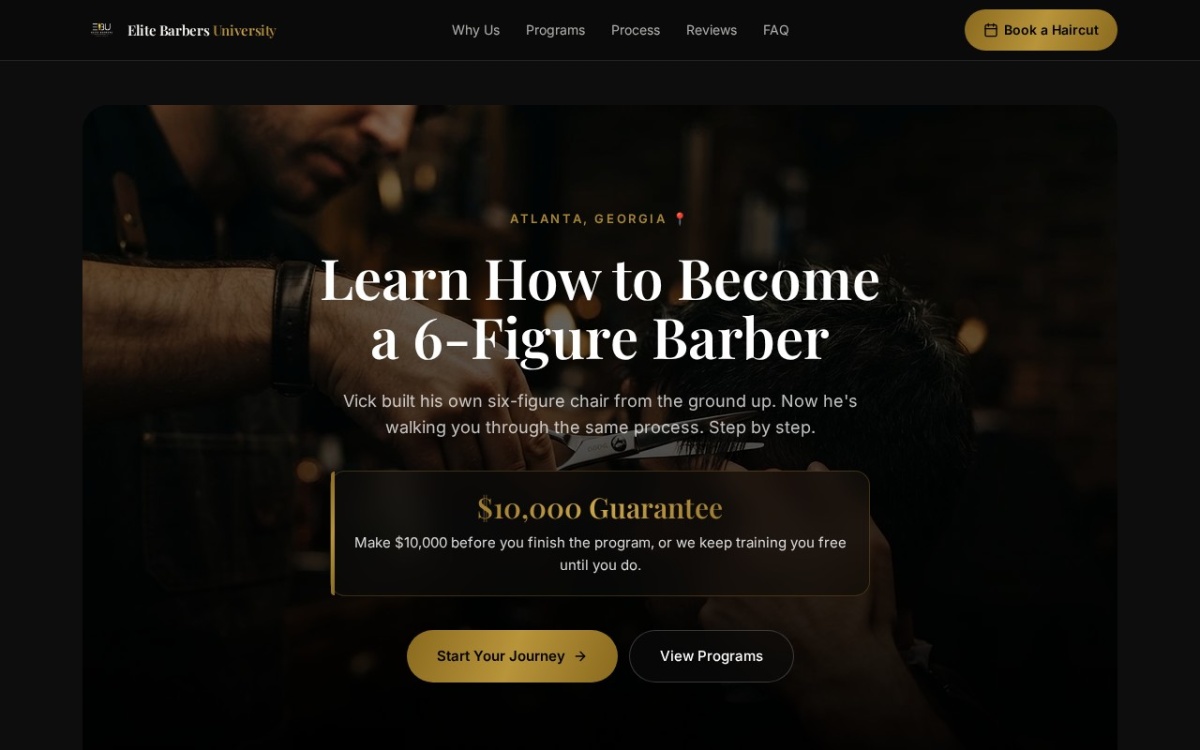 Elite Barbers University website screenshot