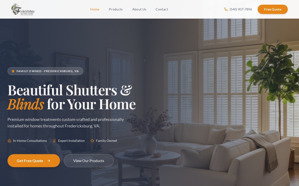 Fredericksburg Shutters & Blinds website screenshot