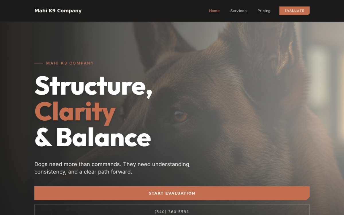 Mahi K9 Company website screenshot