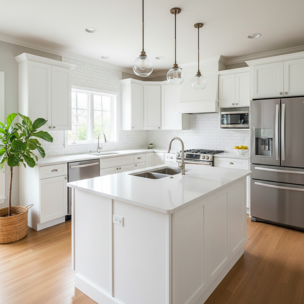Modern residential kitchen with white shaker cabinets