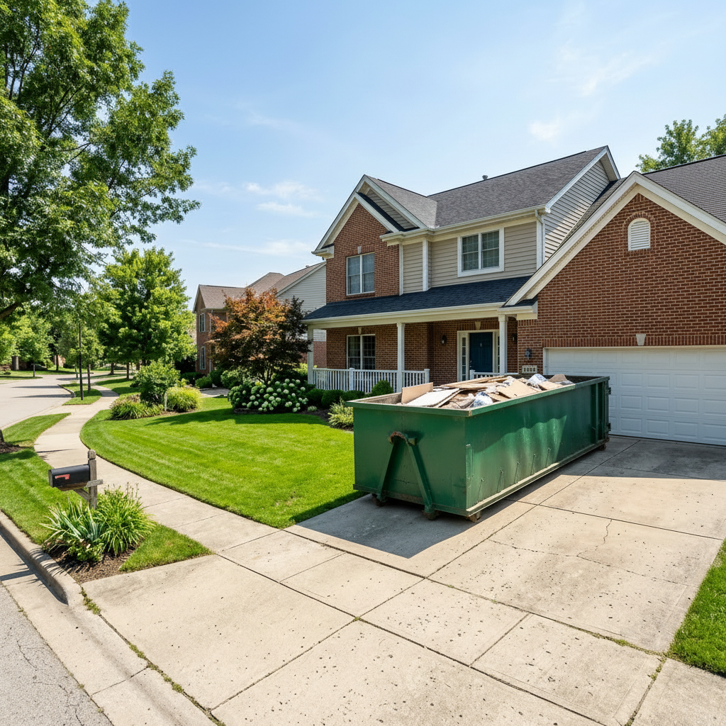 Roll-off dumpster in a residential driveway
