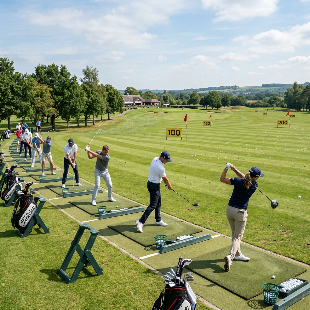 Golfers at outdoor driving range with flags at varying distances