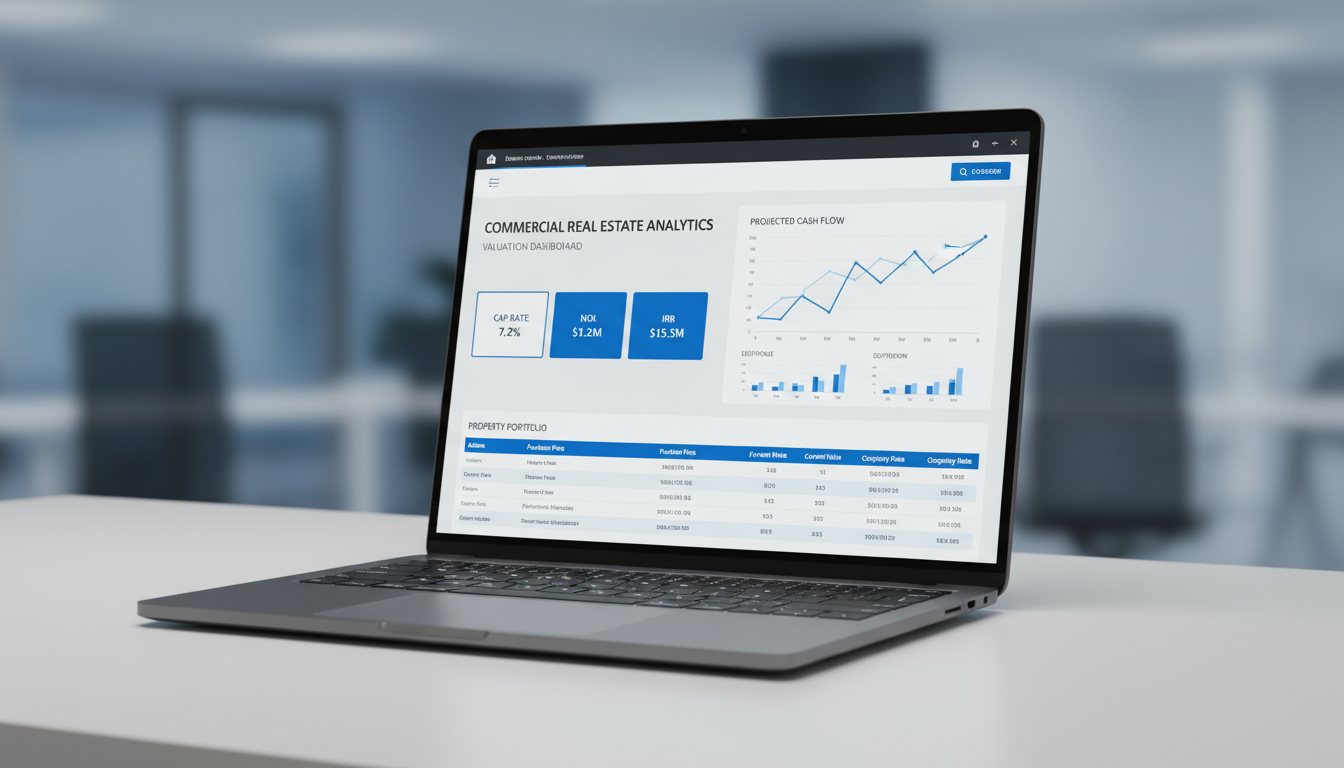 PRO CUSTOM CRE Calculator dashboard showing property valuation metrics including Cap Rate, NOI, IRR and Cash on Cash analysis