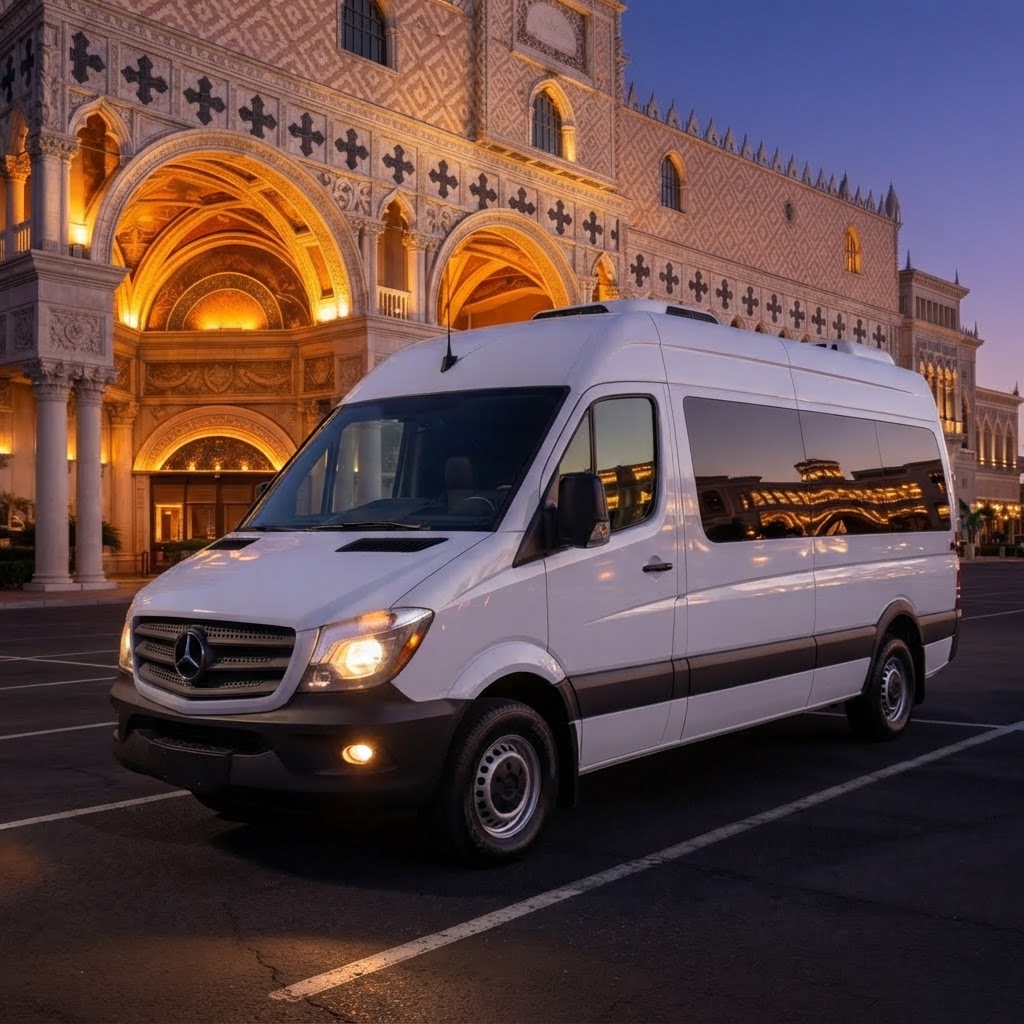 White Mercedes-Benz Sprinter van at twilight in front of casino