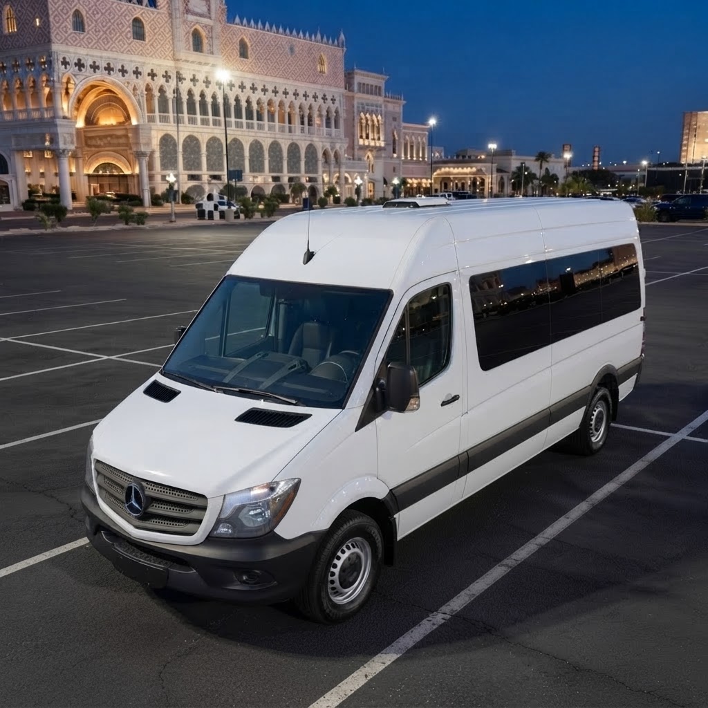 White Mercedes-Benz Sprinter van at twilight in front of casino