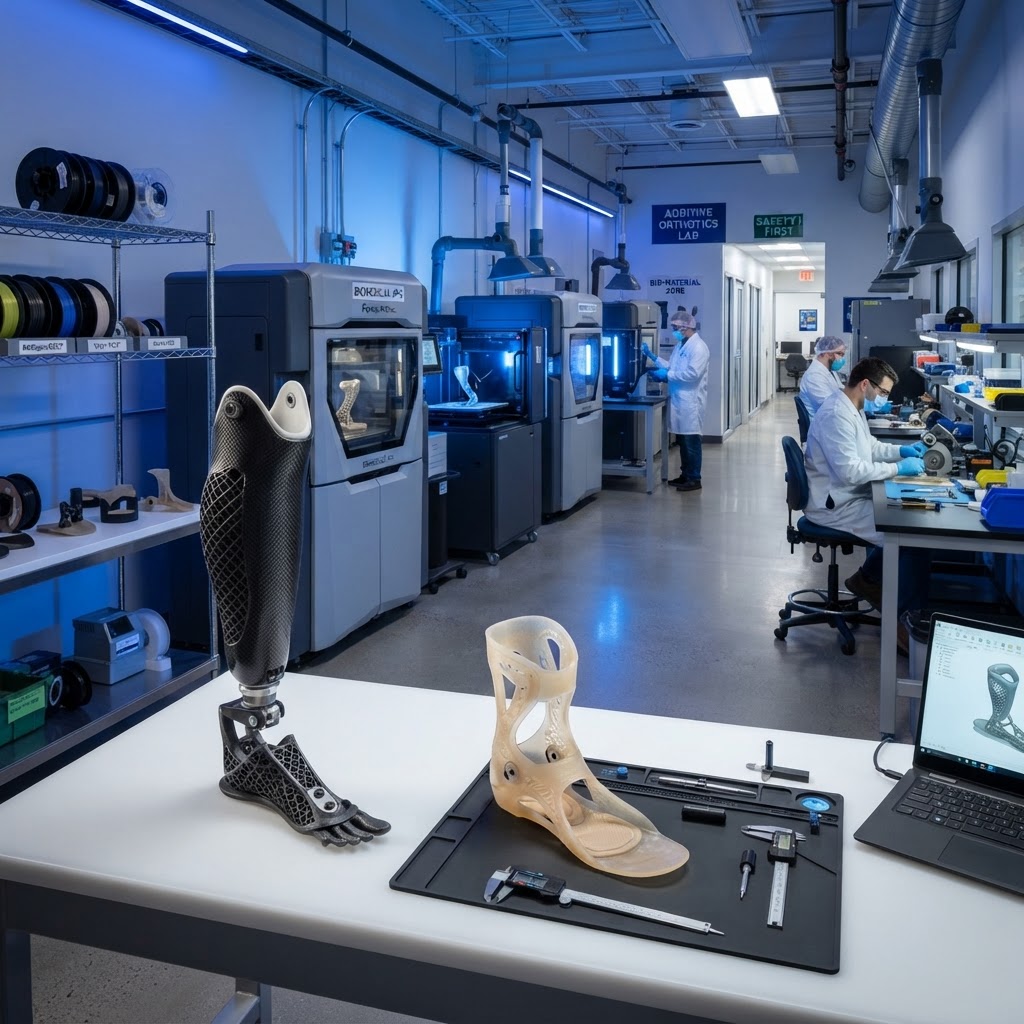 3D-printed prosthetic leg and custom orthotic brace displayed in an additive manufacturing facility