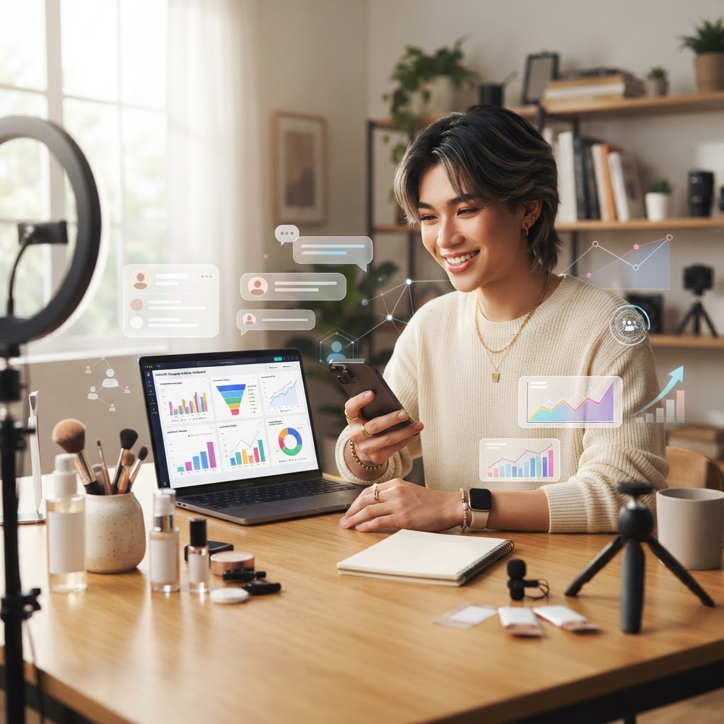 2026年のインフルエンサーマーケティング統計とAIによる自動化を示すグラフとデータ分析のイメージ