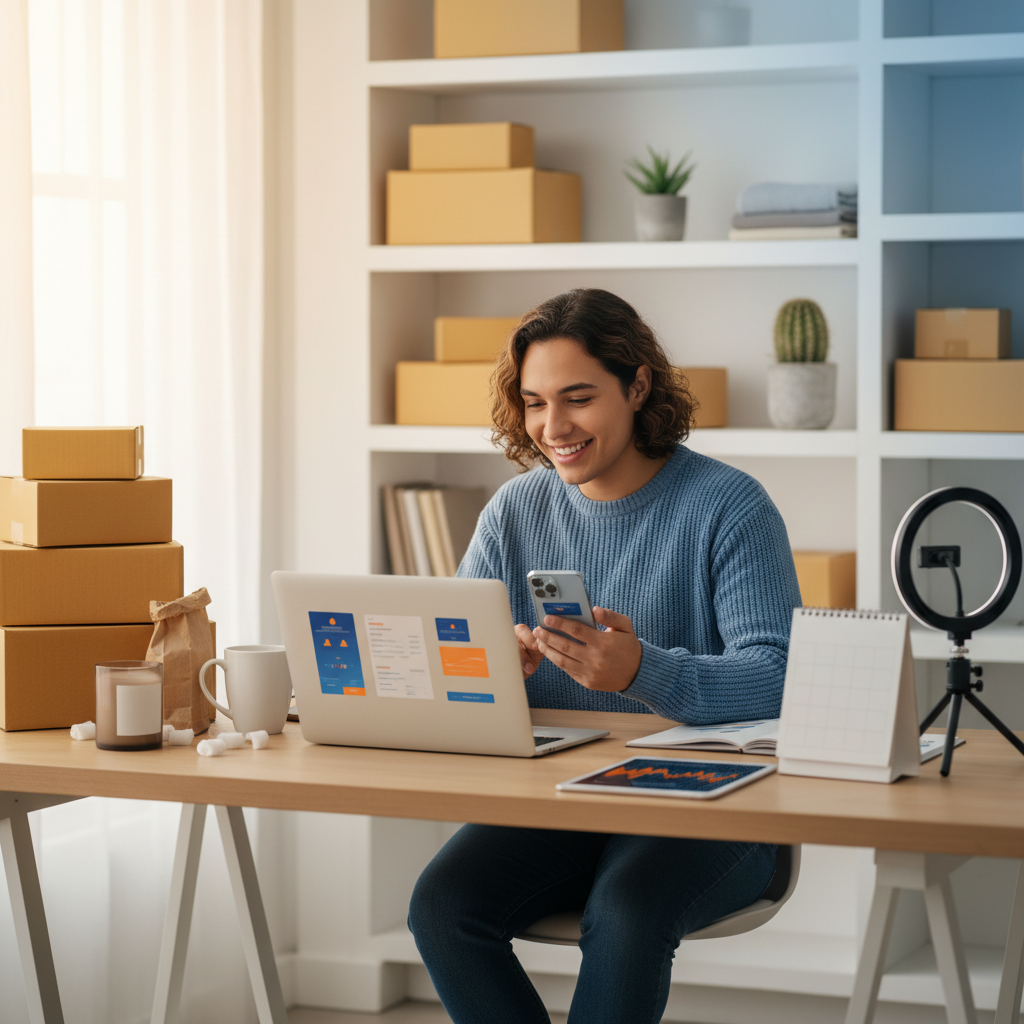 一位電商賣家在電腦前制定亞馬遜 Prime Day 2026 銷售策略，背景有購物車和數據圖表。