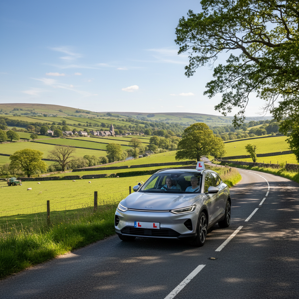 Modern learner car driving on rural road