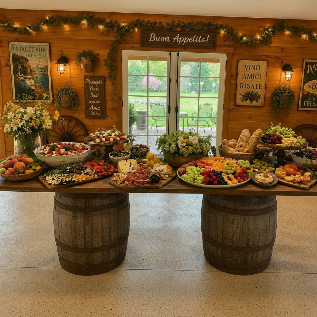 Italian-themed party spread at Beyer Blossom Estate farm event, Wall NJ