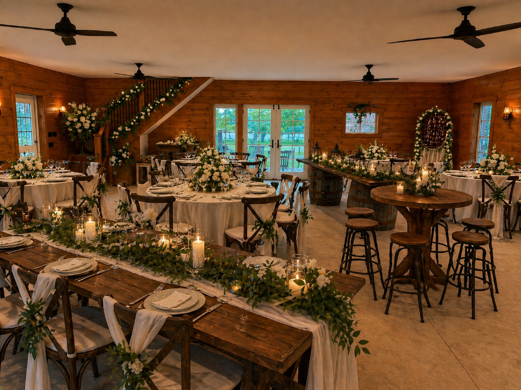 Indoor wedding reception inside Dutch barn at Beyer Blossom Estate, Wall Township NJ