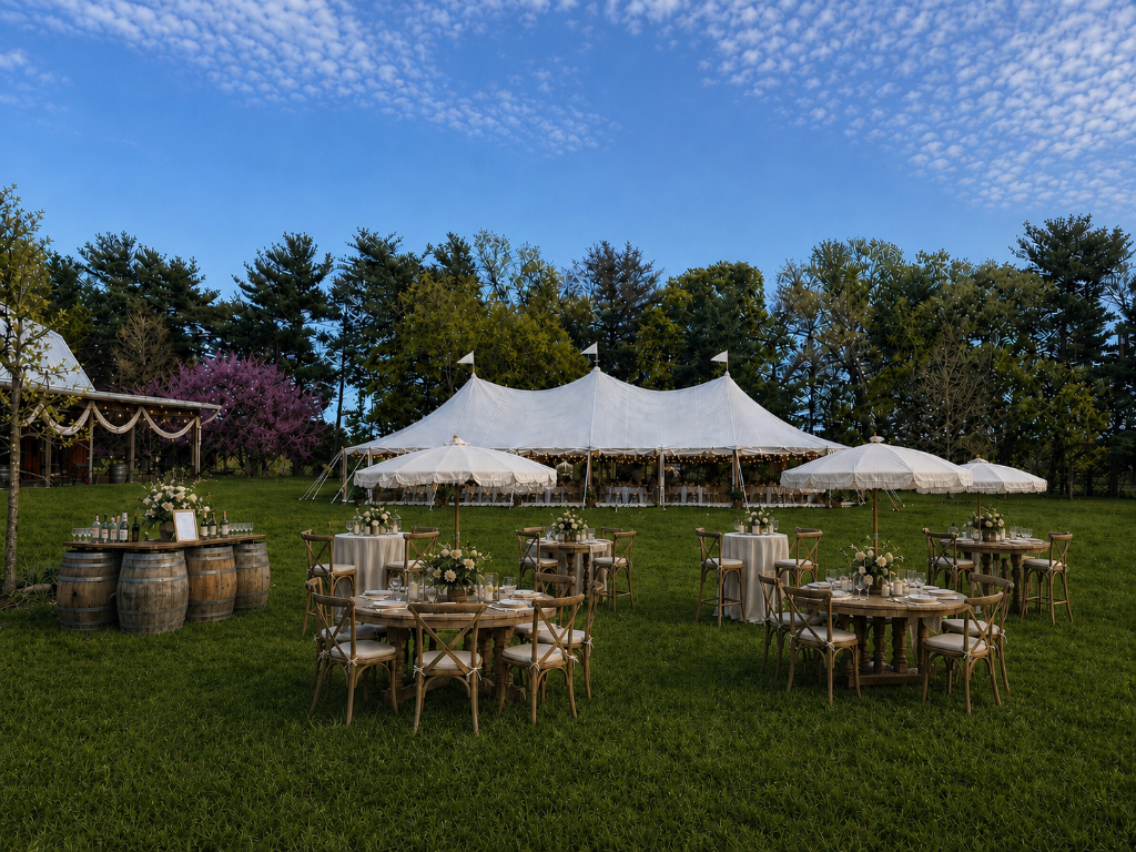 Tent wedding at Beyer Blossom Estate lavender farm venue, Jersey Shore NJ