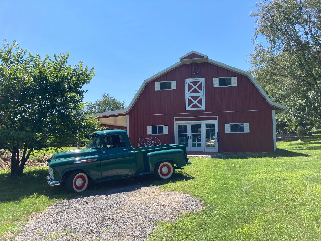 Dutch barn and vintage truck at Beyer Blossom Estate lavender farm, Wall Township NJ
