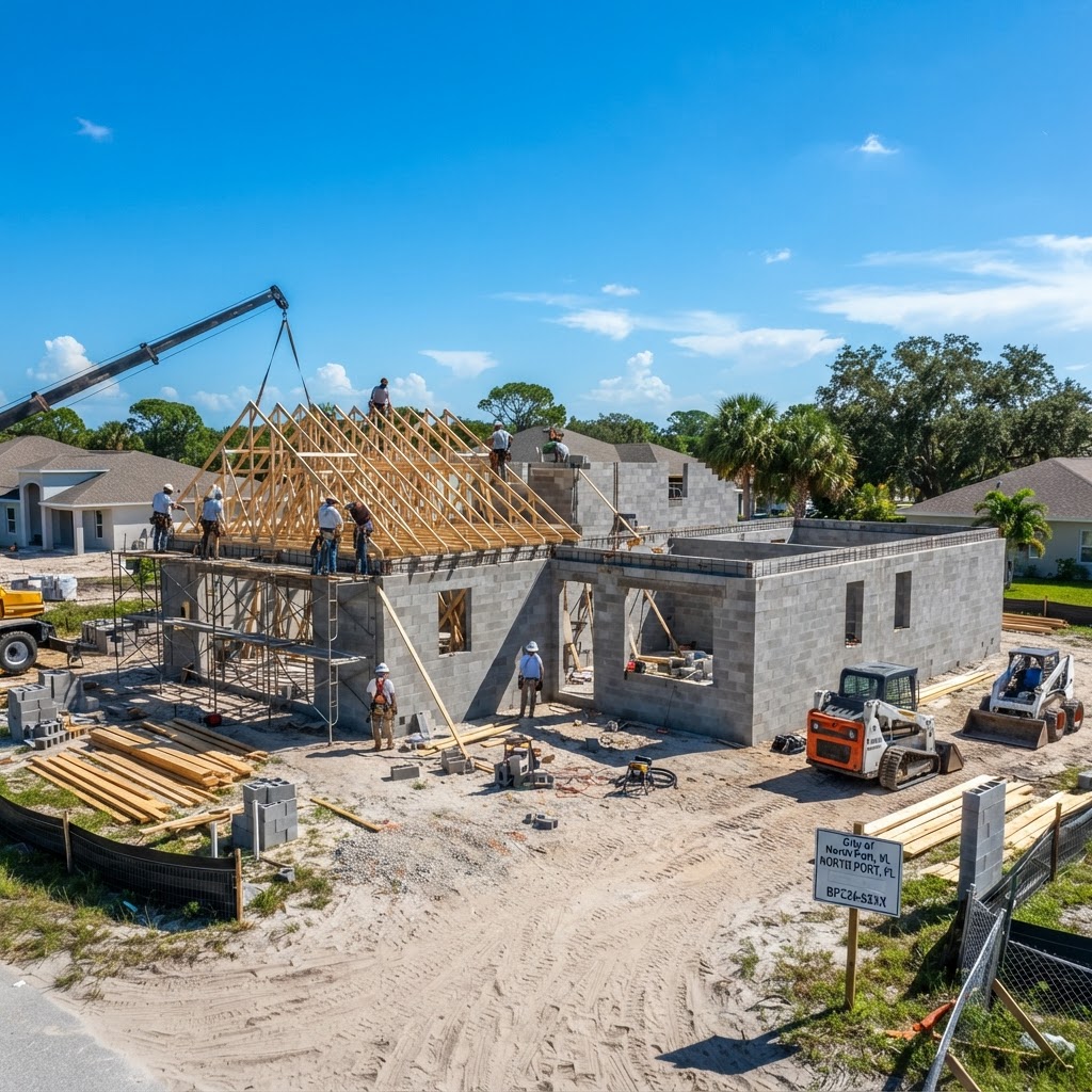 New concrete block home under construction in North Port, Florida built to the current Florida Building Code