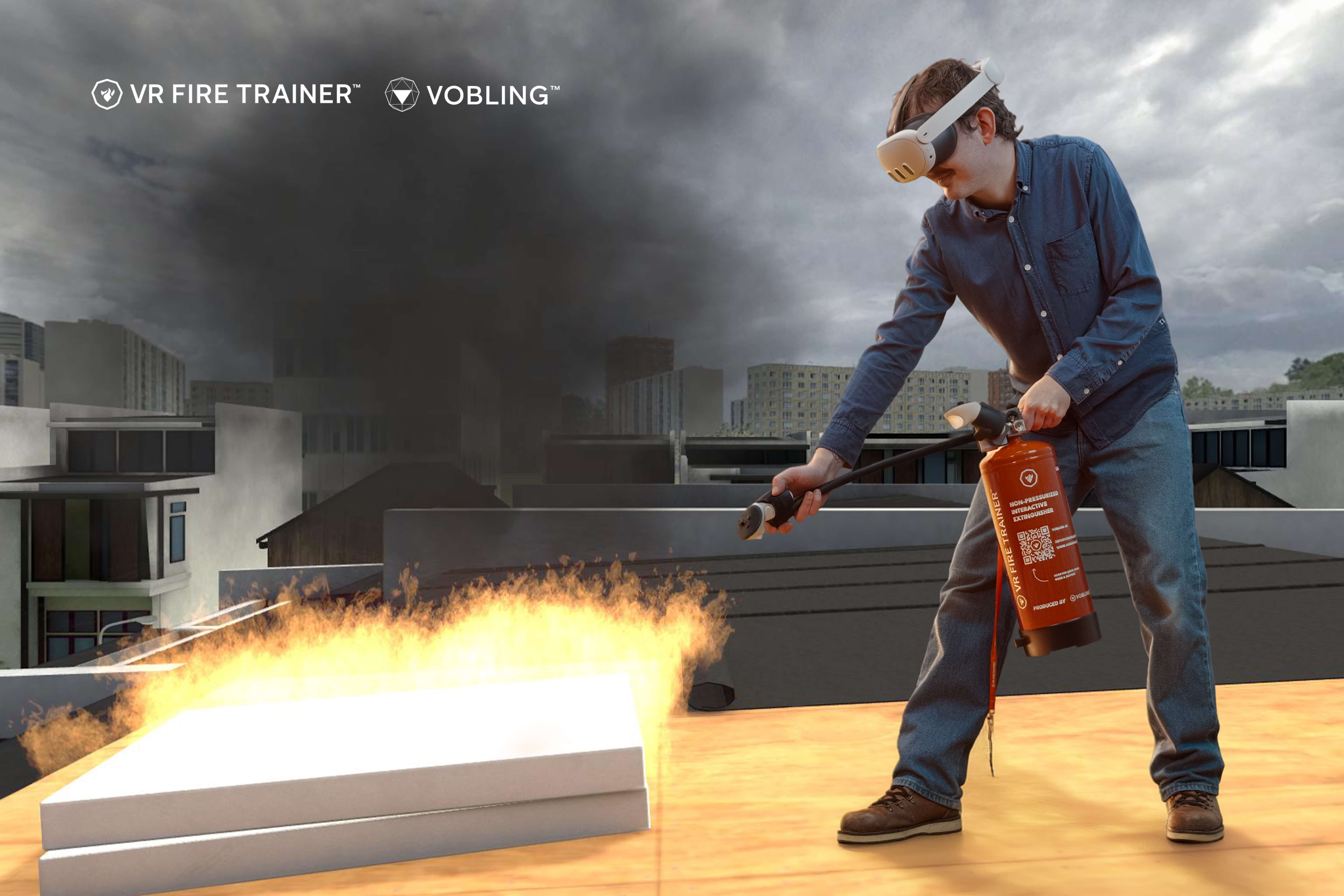 VR fire safety training simulation with firefighter practicing extinguisher technique in immersive virtual reality