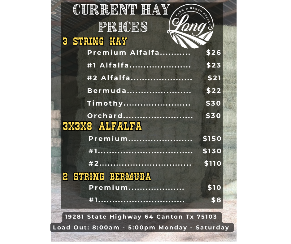 Current Hay Prices at Long Farm & Ranch Supply Canton TX