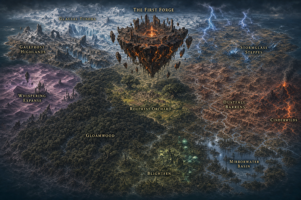 Map of the Forged in Fire MTCG world showing its major regions and the First Forge floating above the central landscape.