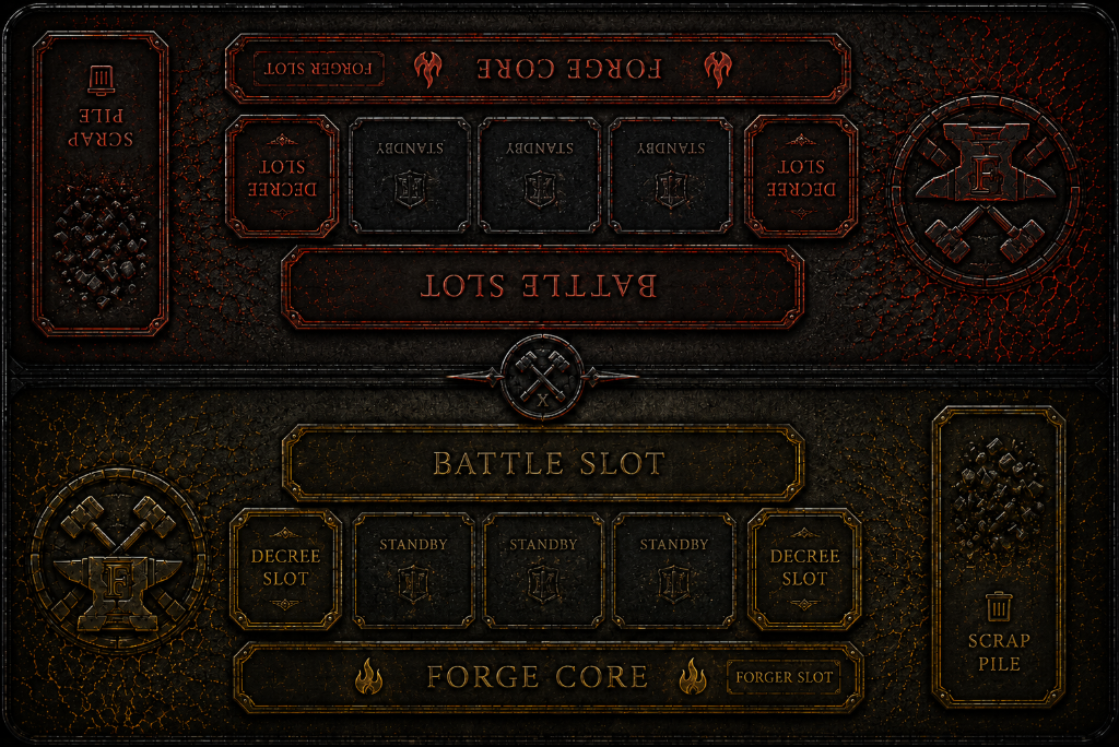 Official Forged in Fire MTCG battle mat showing Battle, Standby, Decree, Forger, Forge Core, and Scrap Pile zones for both players.