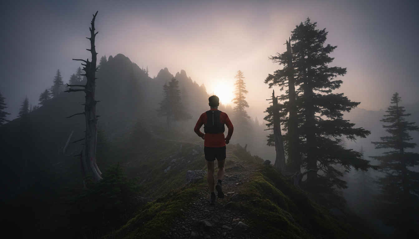 Trail runner in misty mountains at dawn