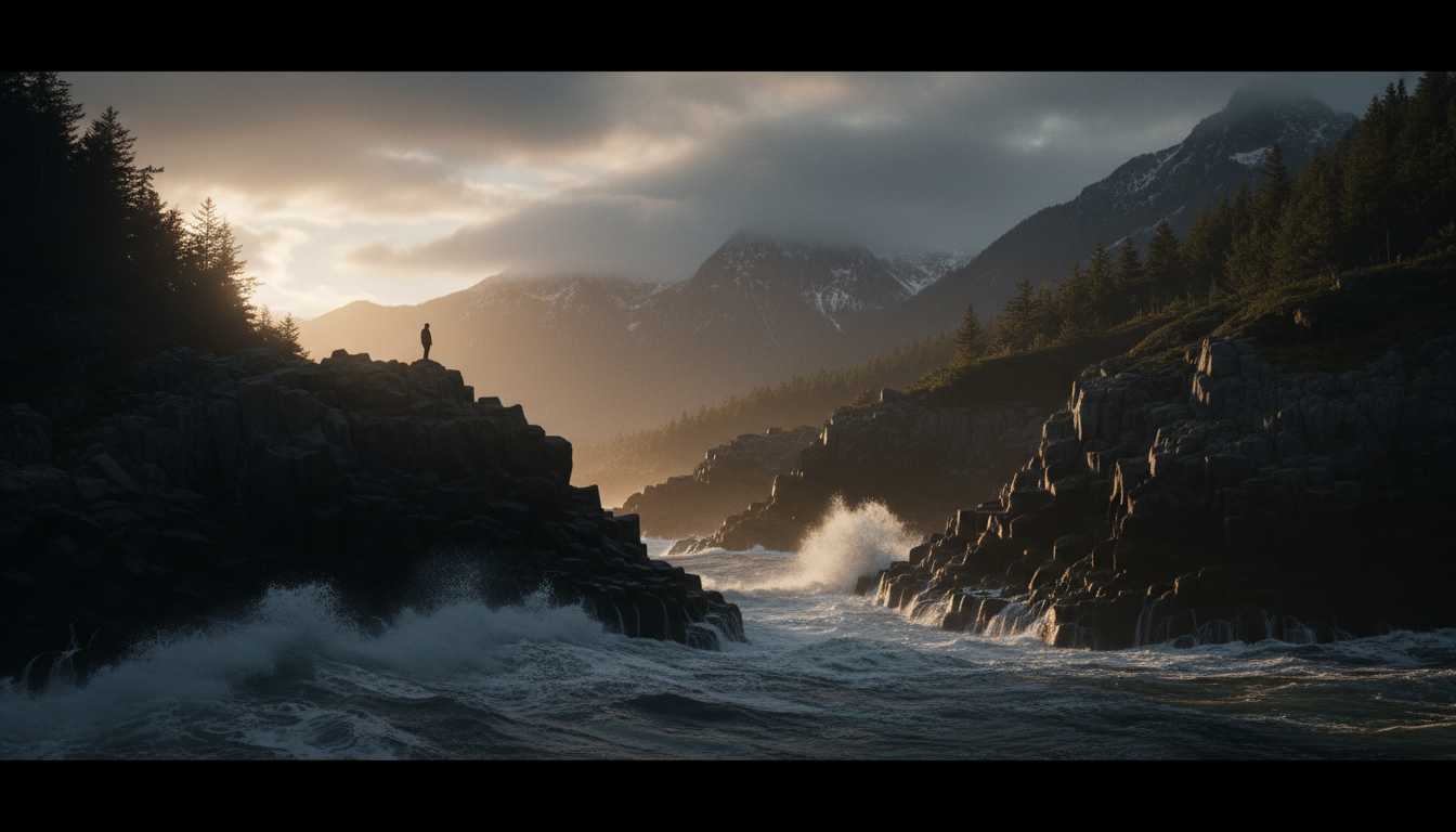 Dramatic misty mountain coastline at dawn