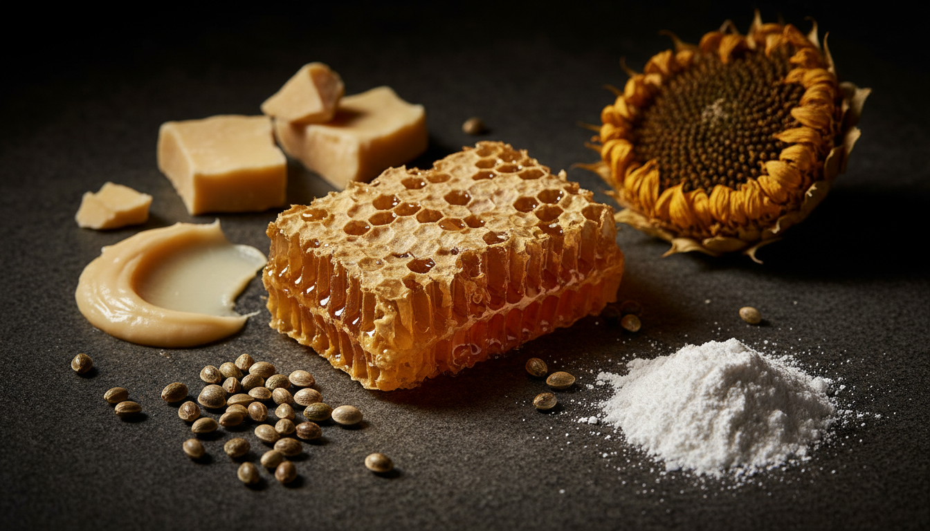 Raw natural skincare ingredients on dark stone surface