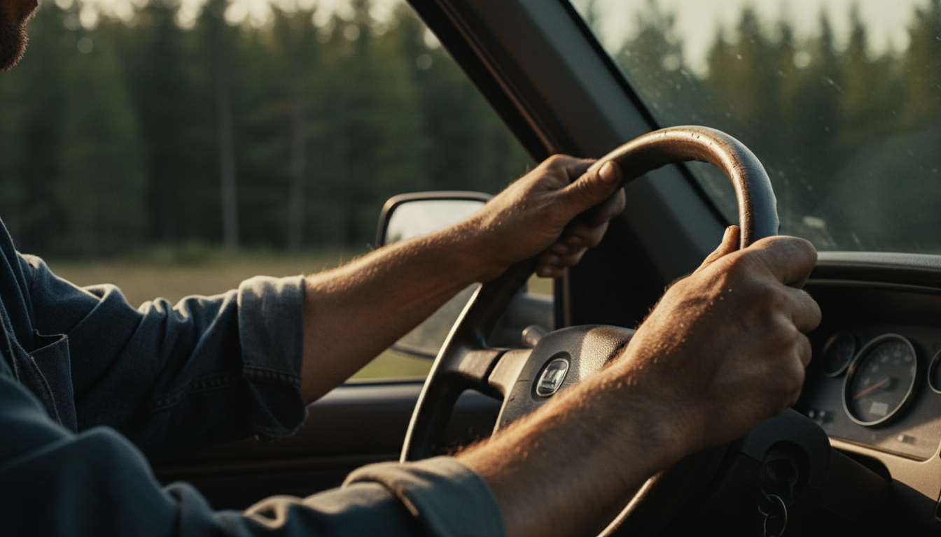 Weathered hands gripping a steering wheel