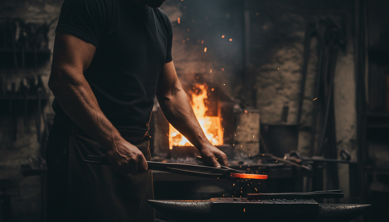Craftsman working at a forge with dramatic amber lighting