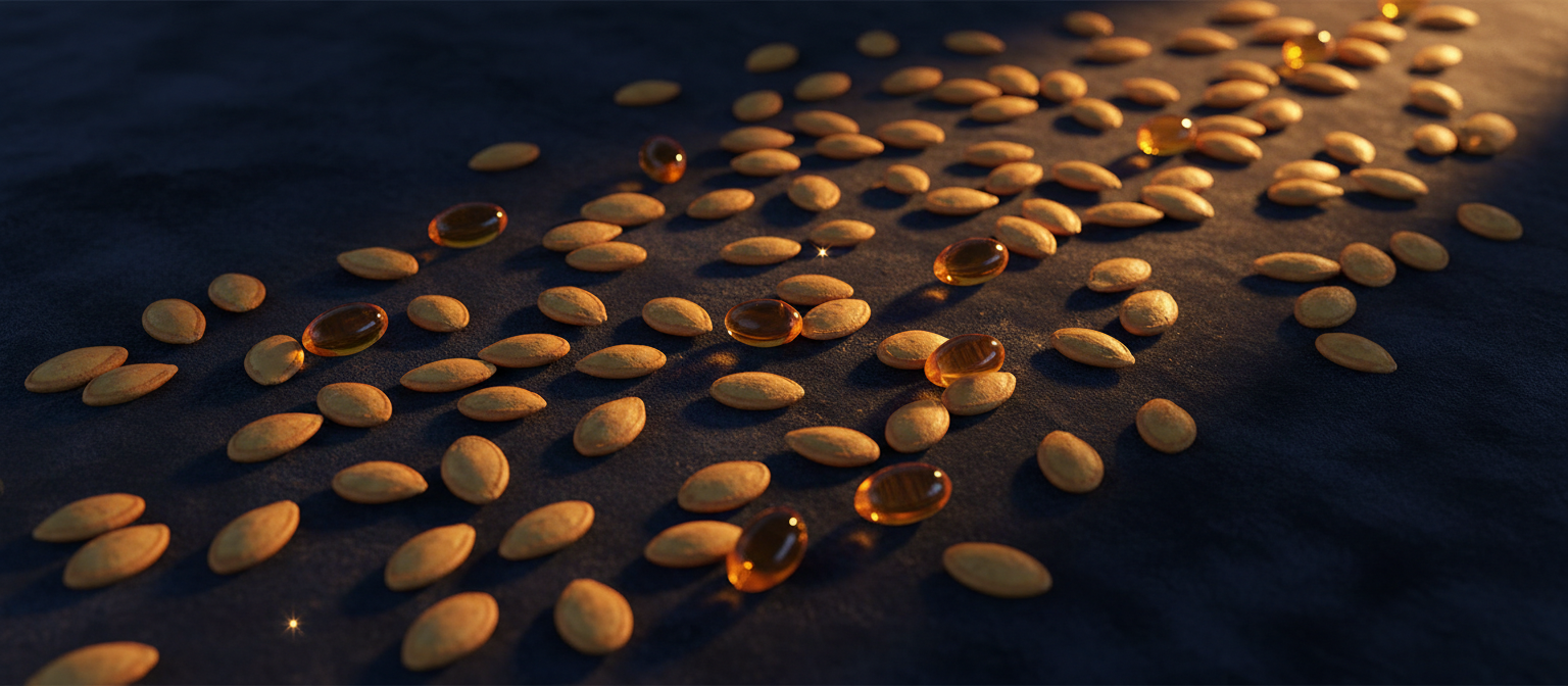 Golden pumpkin seeds and amber capsules