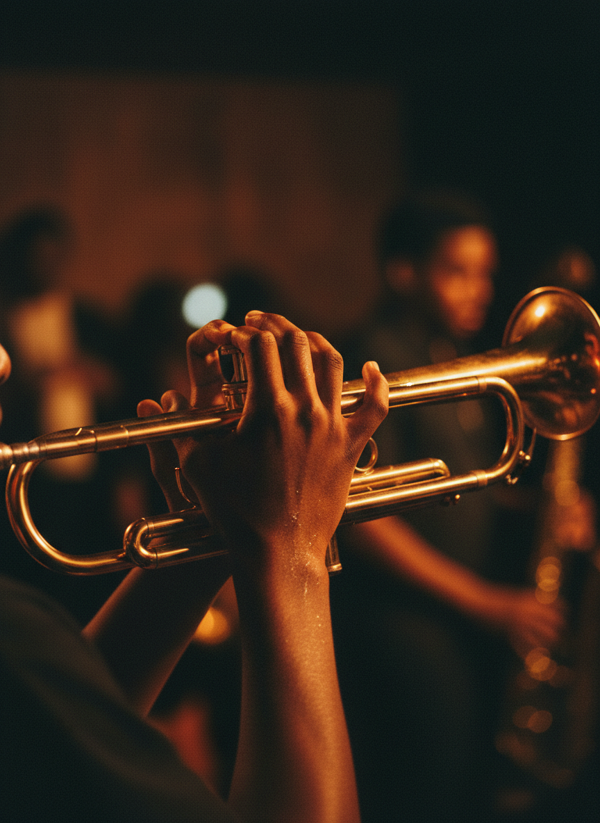Student playing trumpet with passion