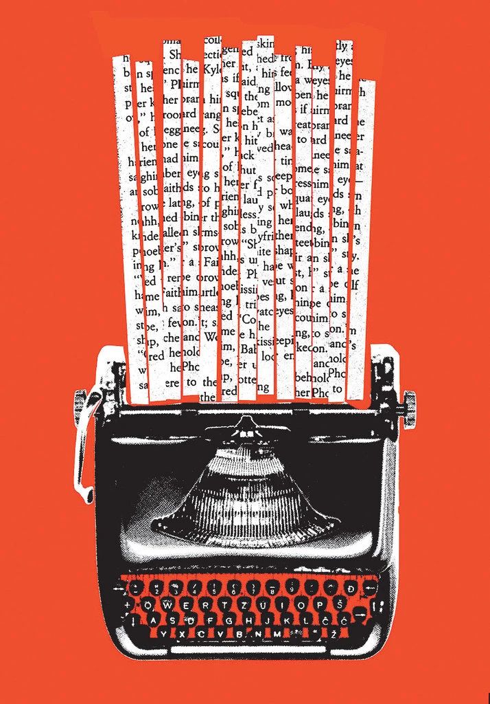 Machine à écrire — collage stencillé vermillon