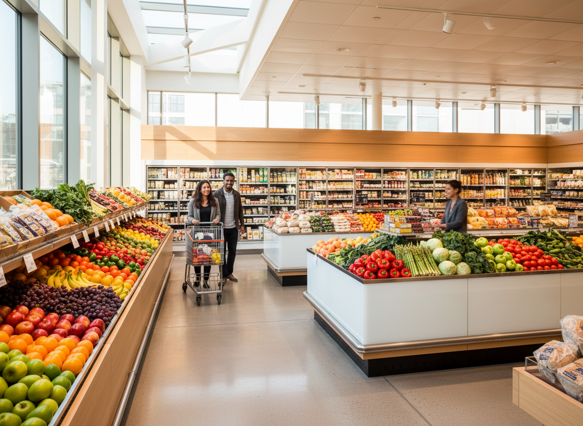Modern supermarket with fresh groceries