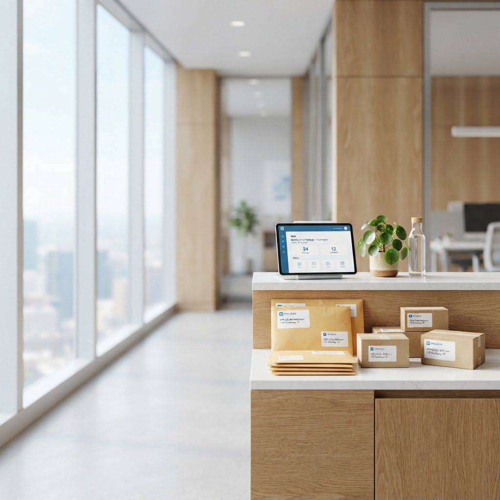 Envelopes and packages at a modern OfficeQube reception desk