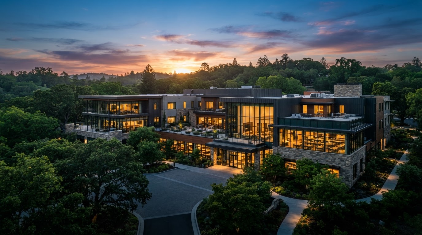 Modern senior living community at sunrise