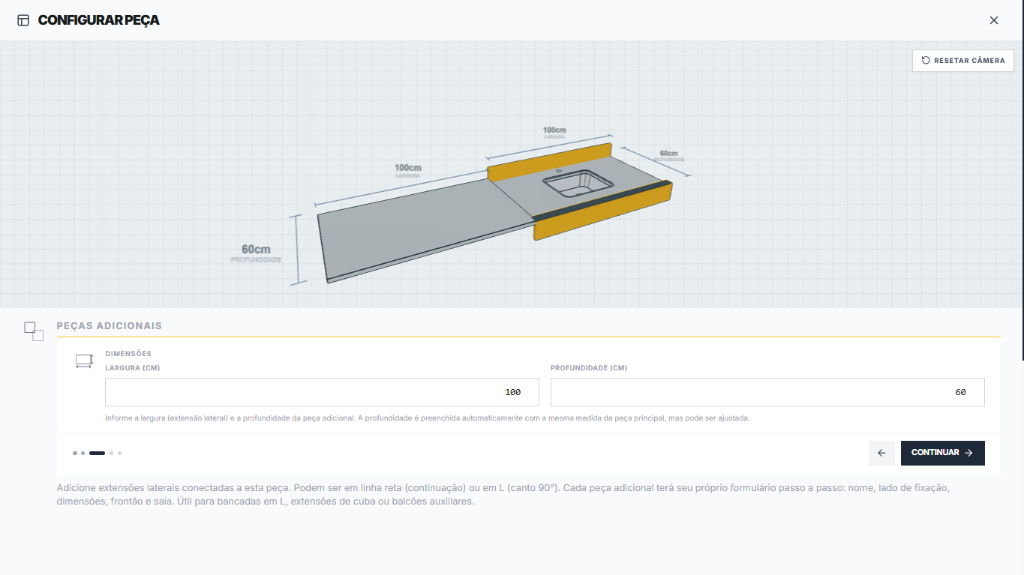 Configurador 3D para marmoraria — bancada em L com peças adicionais e extensões laterais no HEROGRAN