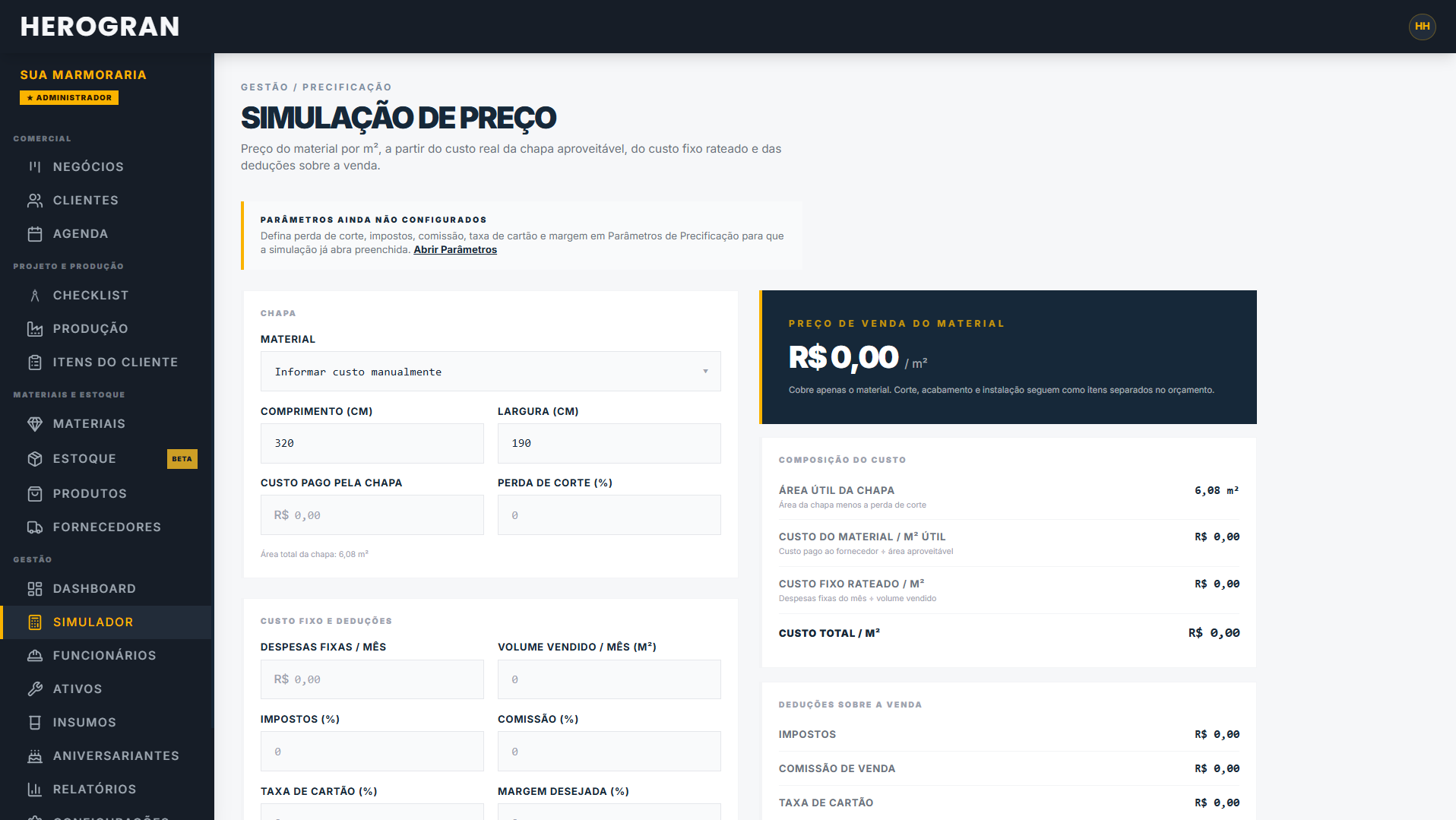 Simulador de preço do m² com composição de custo e deduções