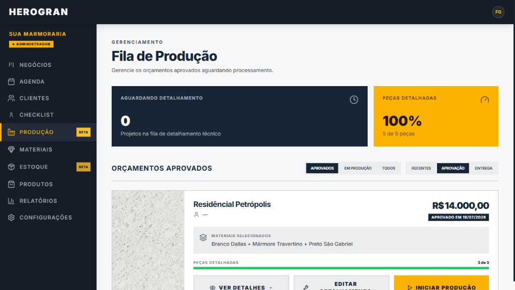Produção — módulo do sistema HEROGRAN para marmoraria