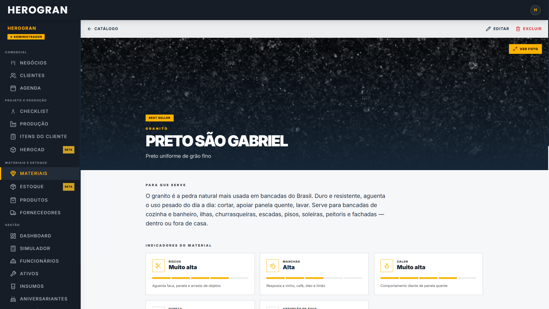 Ficha técnica do granito Preto São Gabriel com indicadores de resistência