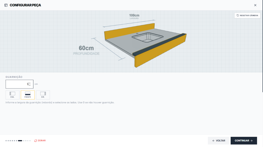 Configurador 3D HEROGRAN — definição de guarnição e rebordo da peça em 3D